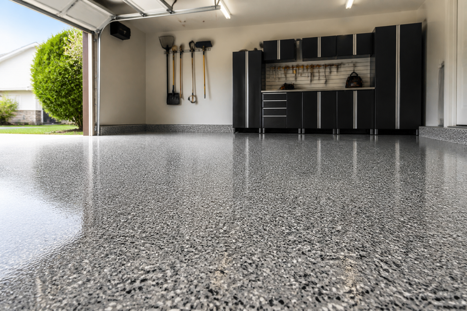 Decorative flake epoxy garage floor in a clean residential garage